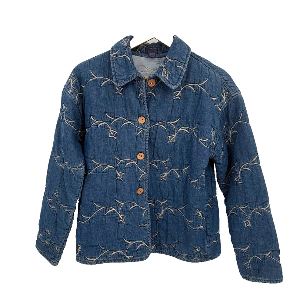 Life Style Womens Denim Jacket Small Embroidered Birds Blue Cotton Boho